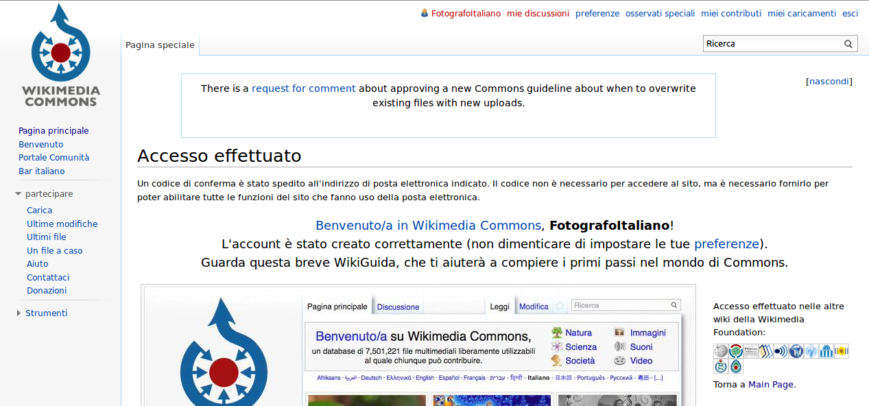 Adesso siamo loggati su Wikimedia Commons Schermata che compare alla fine del processo di registrazione di un account su Wikimedia Commons