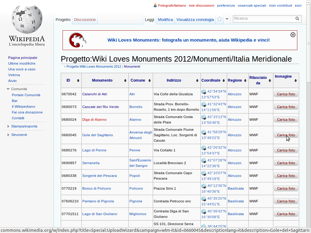 Schermata che mostra come caricare una foto per partecipare a Wiki Loves Monuments.