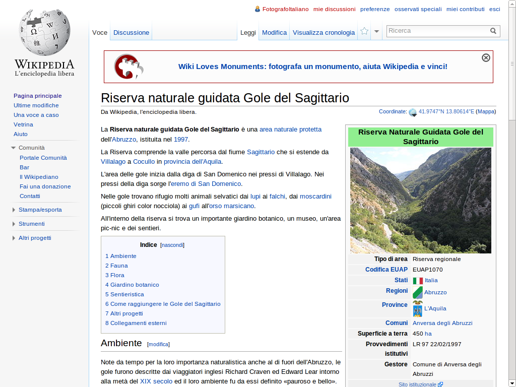 Screenshot della voce sulle "Gole del Sagittario" su Wikipedia