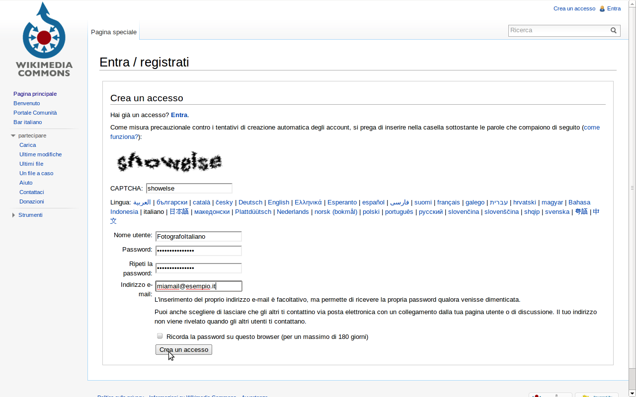 Registrazione di un account su Wikimedia Commons