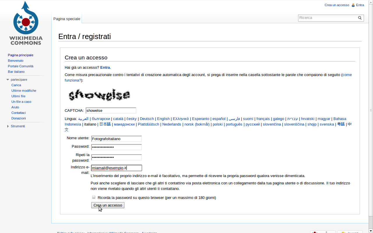 Registriamo il nostro account su Wikimedia Commons Registrazione di un account su Wikimedia Commons
