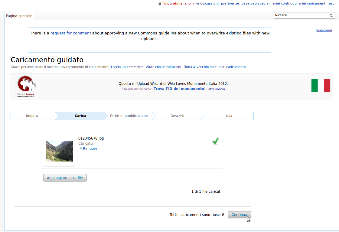 Screenshot dell'Upload Wizard su Wikimedia Commons al completamento del caricamento