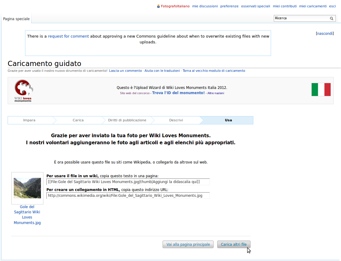Screenshot dell'Upload WIzard di Wikimedia Commons al termine di una procedura di caricamento con esito positivo